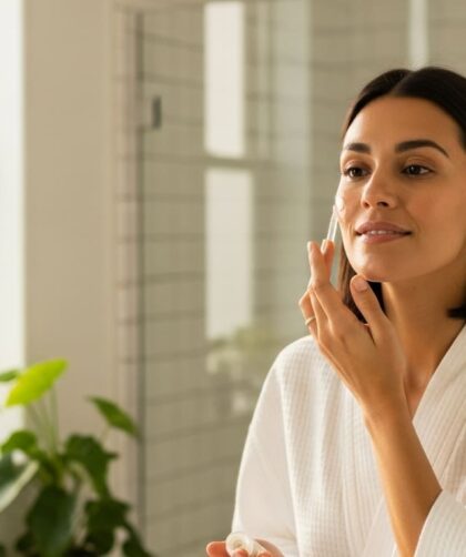 Mujer aplicando serum en el espejo